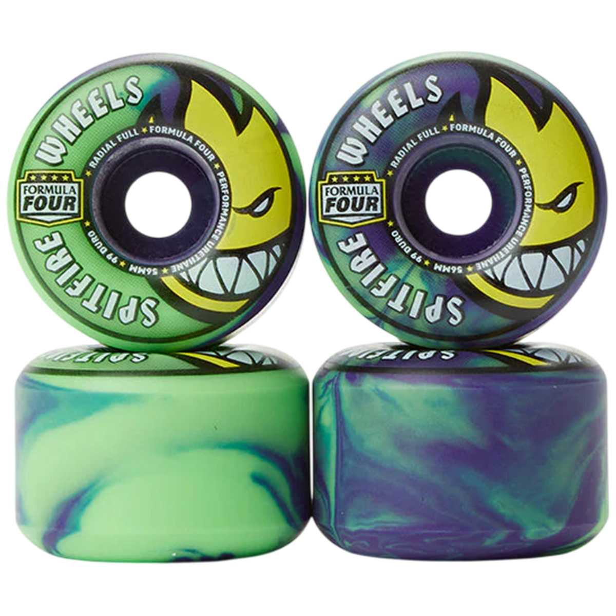 Spitfire Formula Four Team Colors Radial Full Wheels Neon Green/Purple Swirl 99D 56mm