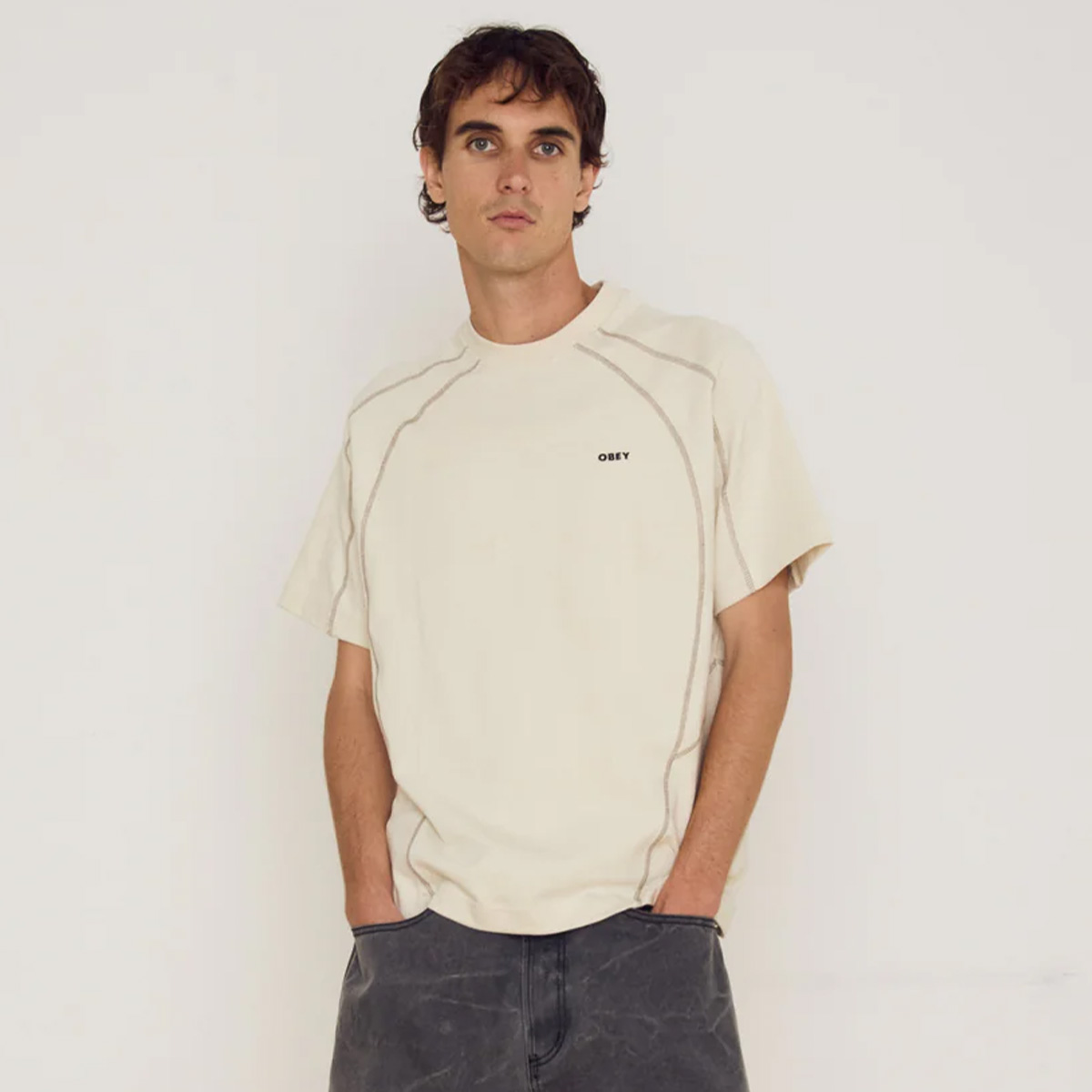 Obey Contrast Stitch T-Shirt Silver Birch