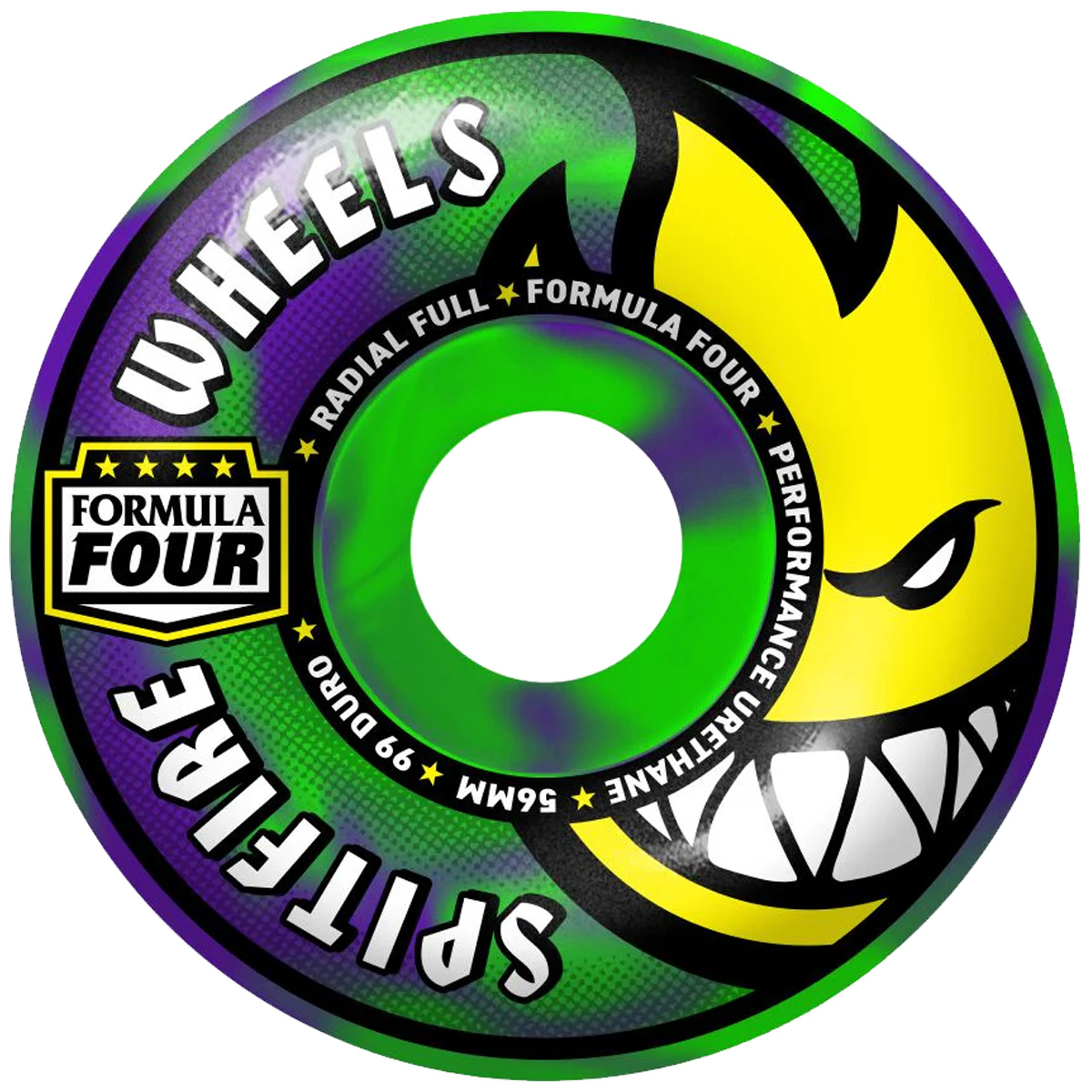 Spitfire Formula Four Team Colors Radial Full Wheels Neon Green/Purple Swirl 99D 56mm