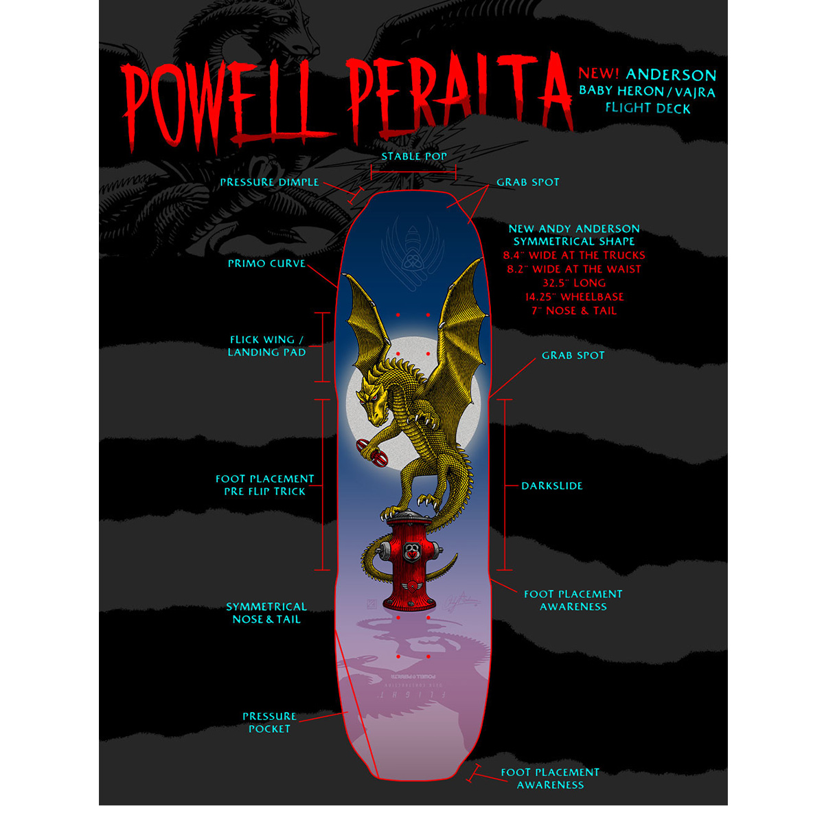 Powell Peralta Andy Anderson Baby Heron/Vajra Flight Skateboard Deck 8.4