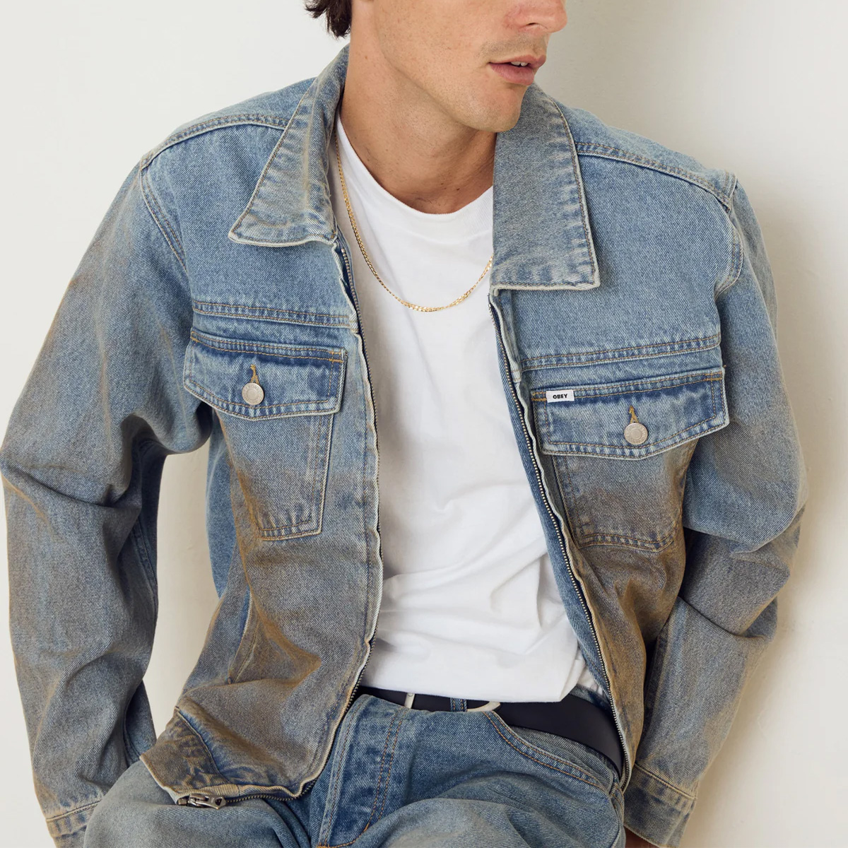 Obey Base Trucker Jacket Heavy Vintage Light Indigo