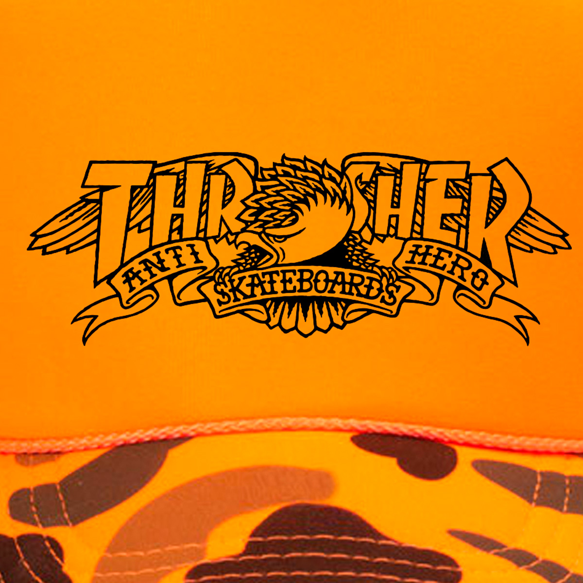 Thrasher X Anti Hero Mag Banner Trucker Hat Orange Camo Thrasher X Anti Hero Mag Banner Trucker Hat Orange Camo