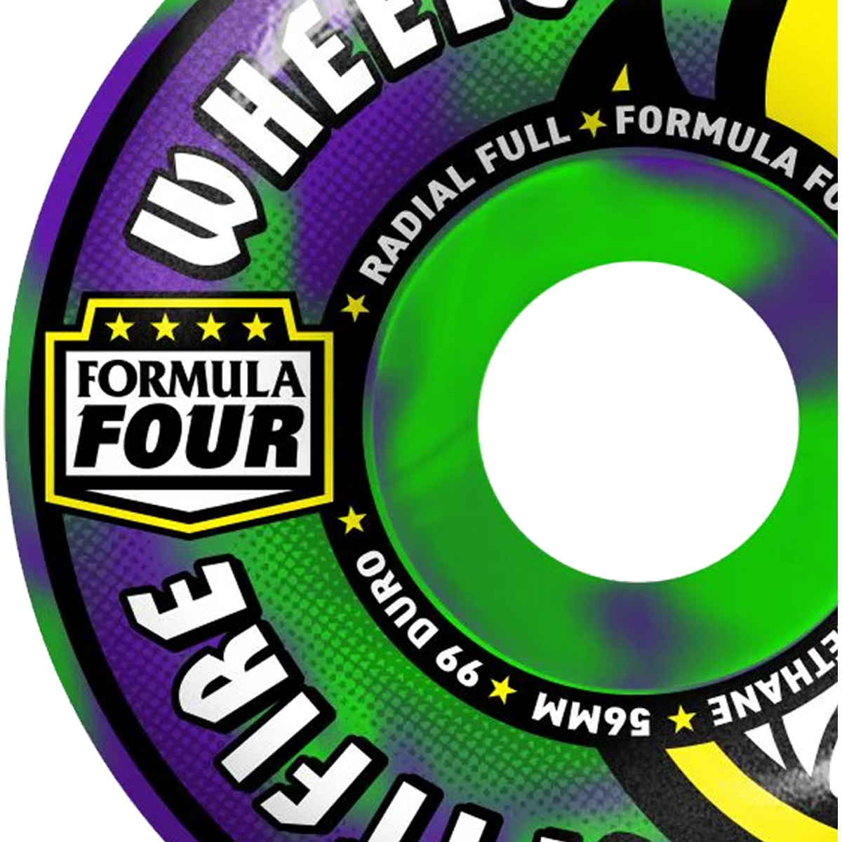 Spitfire Formula Four Team Colors Radial Full Wheels Neon Green/Purple Swirl 99D 56mm