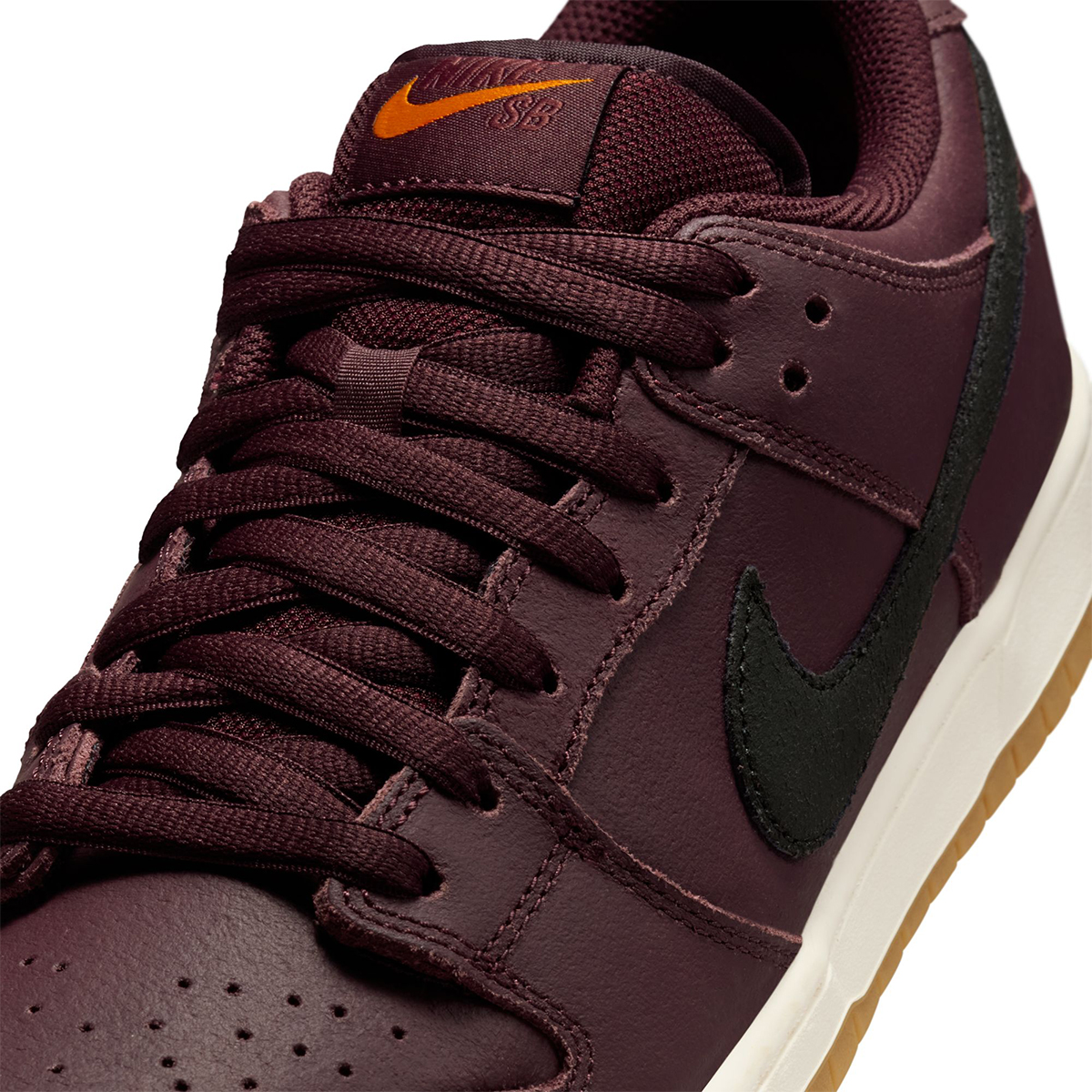 Nike SB Dunk Low Pro Iso Burgundy Crush/Black-Mystic Dates-Sail-Gum Lt Brown-Safety Orange