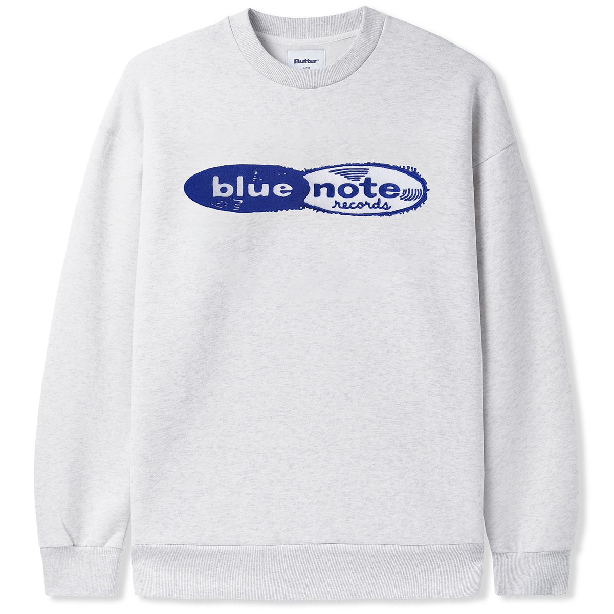 Butter Goods Records Logo Felt Applique Crewneck Sweater Ash Butter Goods Records Logo Felt Applique Crewneck Sweater Ash