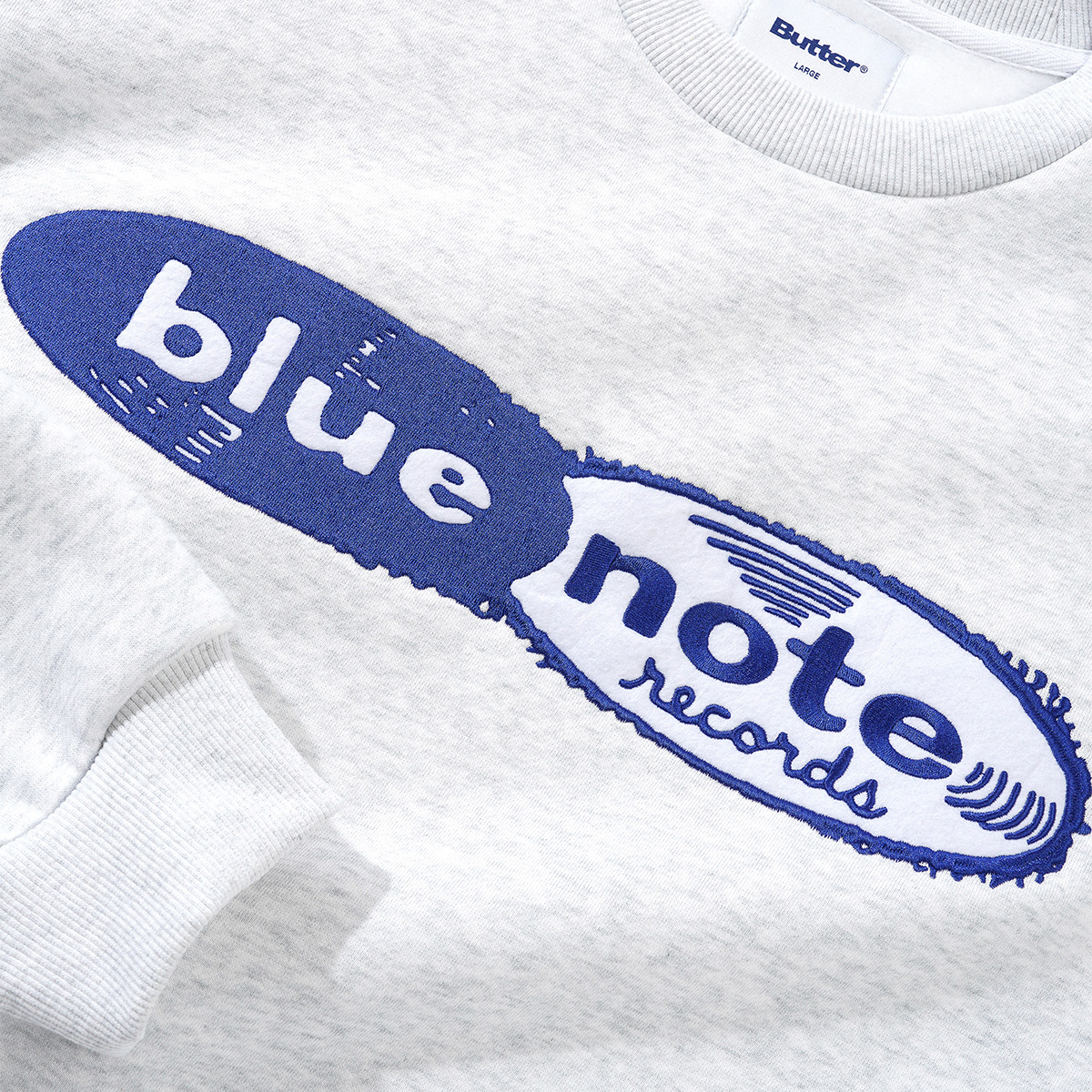 Butter Goods Records Logo Felt Applique Crewneck Sweater Ash Butter Goods Records Logo Felt Applique Crewneck Sweater Ash