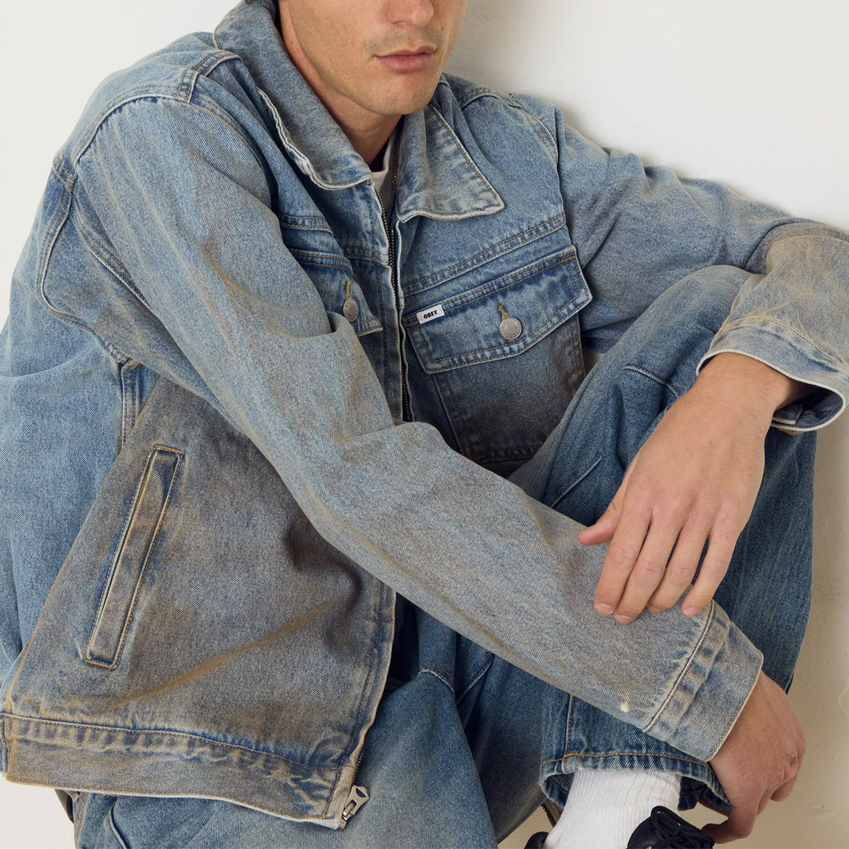 Obey Base Trucker Jacket Heavy Vintage Light Indigo