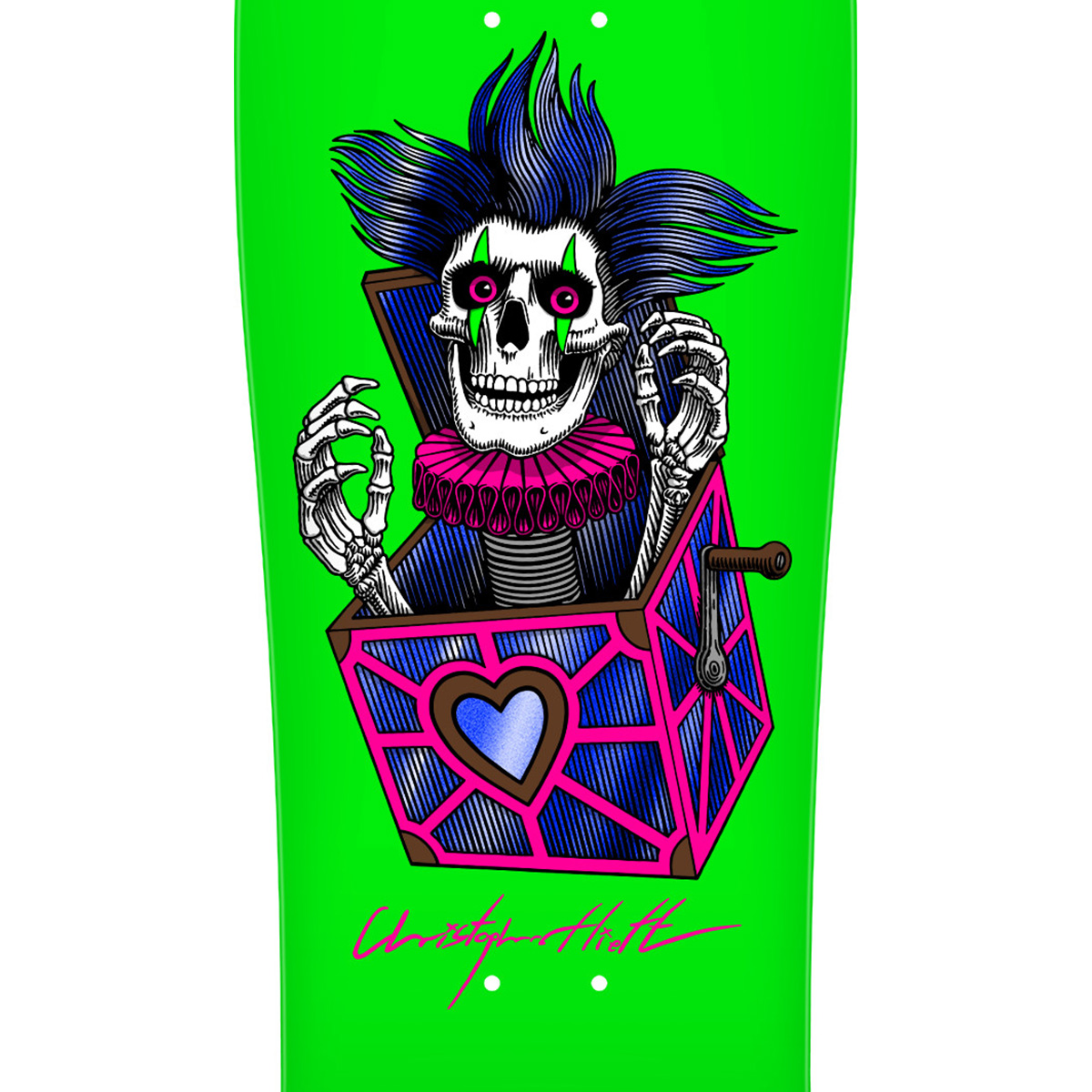 Powell Peralta Chris Hiett Skull Skateboard Deck Neon Green/Blue Foil 9.5