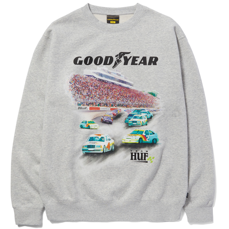 Huf X Goodyear Team Huf X Goodyear Crewneck Sweater Heather Grey Huf X Goodyear Team Huf X Goodyear Crewneck Sweater Heather Grey